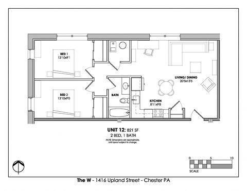 Floor plan for 2 beds, 1 bath, 821 sqft